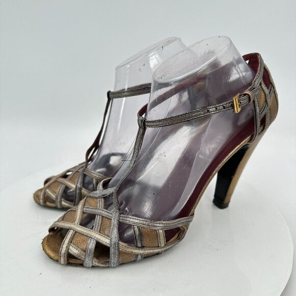 Prada Women Size EU 40.5 US 10.5 Silver Brown Metallic T Bar Buckle Heel Sandal - Picture 1 of 12